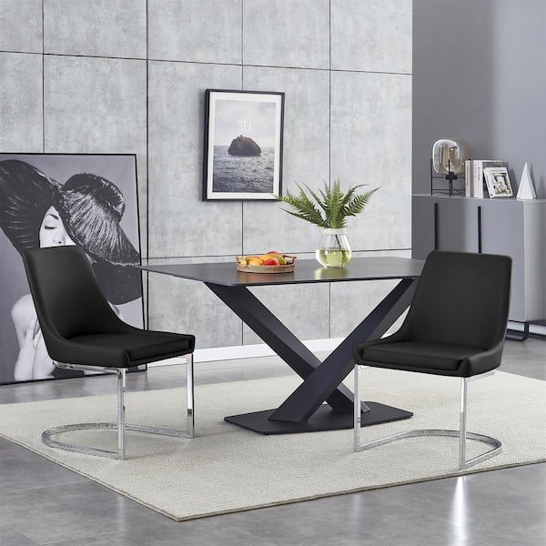 Seafuloy Black PU Leather Dining Room Side Chairs With Metal Base (Set of 2)