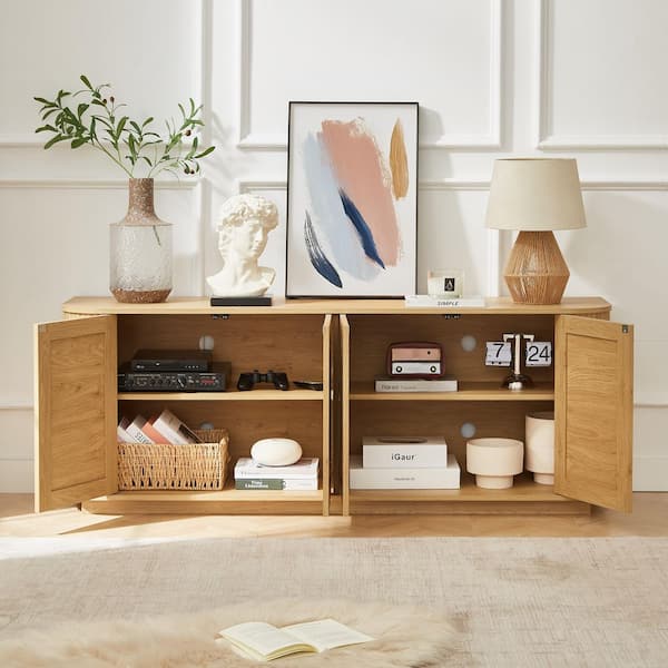 64 in. Natural Wave TV Stand with Rattan Doors-MDF Storage Cabinet for Living Room