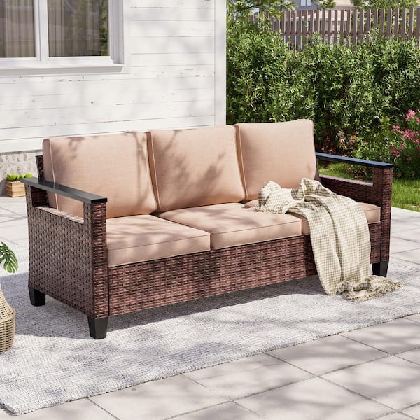Outdoor 3-Seater Sofa Brown PE Wicker All Weather Patio Sofa with Thick Sand Cushions