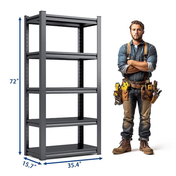 Heavy Duty 72 in. H 5-Shelf Black Metal Pantry Organizer Garage Storage Rack Shelf Metal Shelving w/Adjustable Shelves