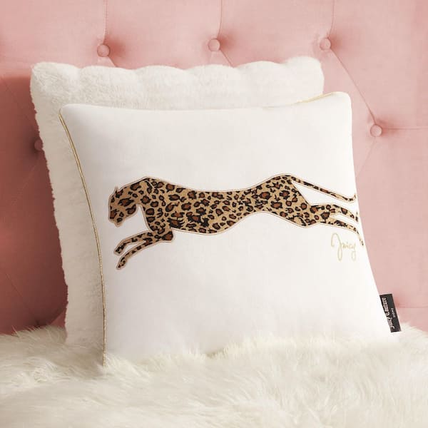 Velvet Cheetah White Animal Print Embroidered Polyester 18 in. x 18 in. Throw Pillow