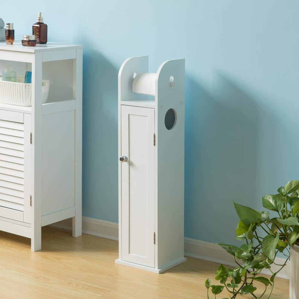 White Freestanding Bathroom Toilet Paper Holder with Storage Cabinet