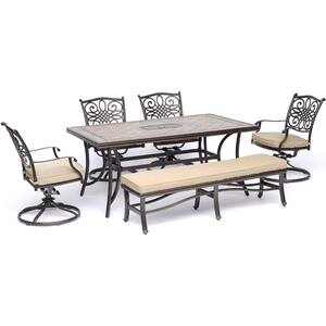 Monaco 6-Piece Aluminum Outdoor Dining Set with Tan Cushions with Cushioned Bench and Tile-Top Table