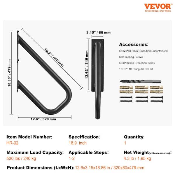 VEVOR Handrails for Outdoor Steps 18.86 in. x 3.15 in. Black steel Stair Railing Kit Wall Mount Railings 1-2 Steps U-Shaped