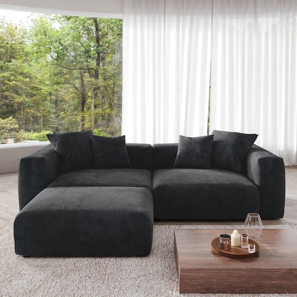 J&E Home 102 in. Square Arm 3-piece Corduroy Velvet L Shaped Modern Sectional Sofa in. Black