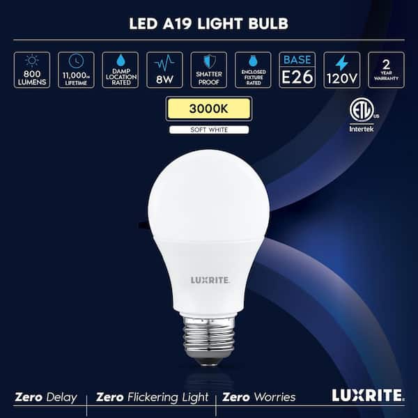60-Watt Equivalent A19 LED Light Bulb 3000K Soft White 8 Watts 800 Lumens Non-Dimmable E26 ETL Listed Damp Rated 8 Pack