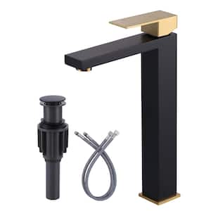 Single Handle Single Hole Bathroom Faucet with Drain Kit Included Supply Lines in Black and Gold