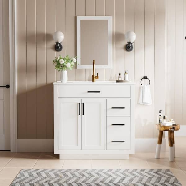 JEAREY 36 in. White Wood Single Sink Freestanding Bathroom Vanity