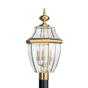Lancaster 3-Light Outdoor Polished Brass Post Light with Dimmable Candelabra LED Bulb