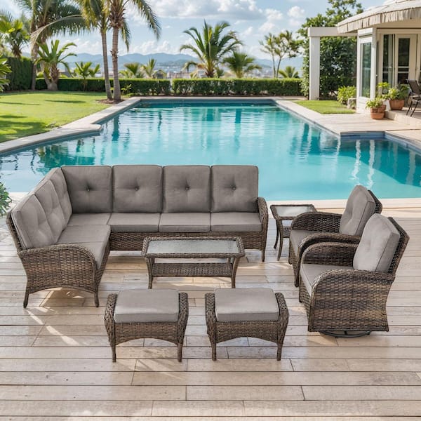 moosprr 8-Piece Brown Wicker Outdoor Sectional Set with Olefin Gray Cushions and L-Shaped Sofa/Swivel Glider Chairs