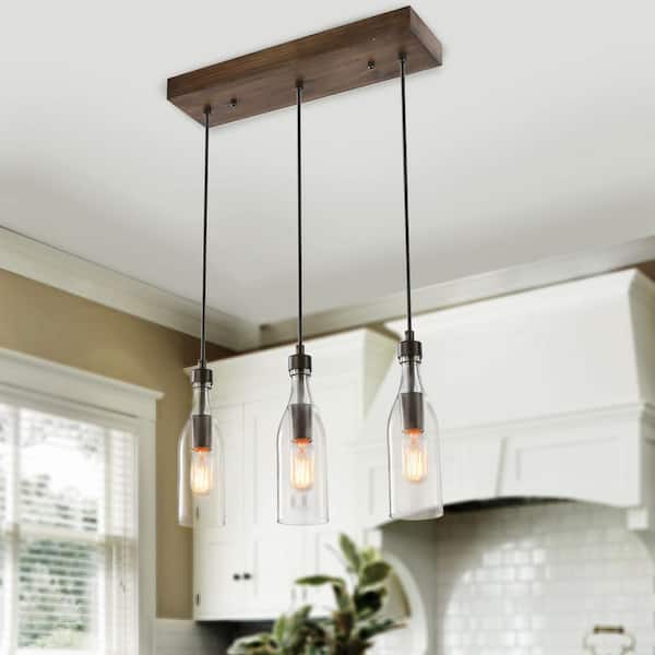 LNC Salvish 3-Light Rustic Farmhouse Bronze Wood Linear Island Chandelier with Clear Glass Flush Mount Pendant Light