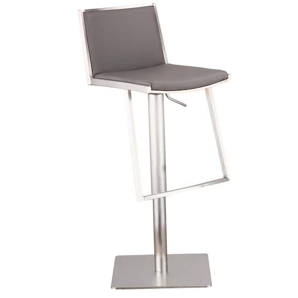 Armen Living Taccone Adjustable Brushed Stainless Steel Bar Stool in Gray Faux Leather
