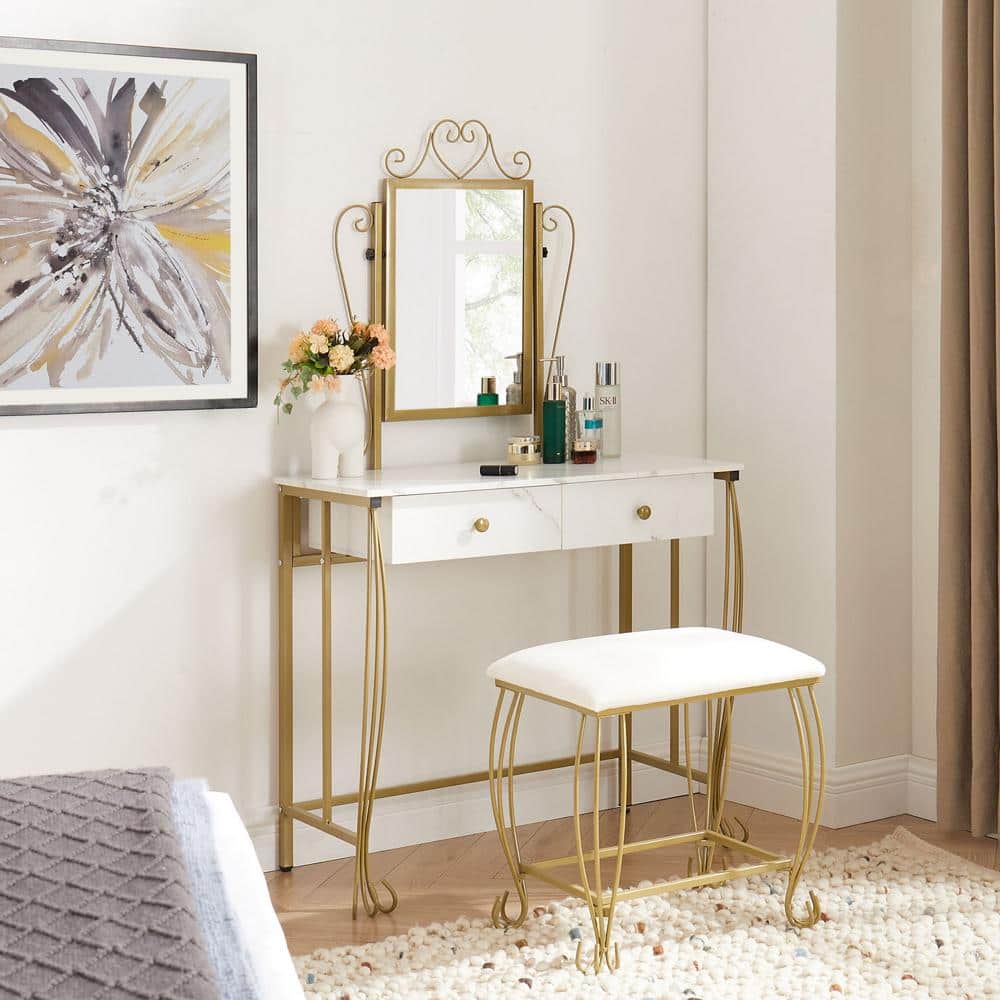 2-Piece White Makeup Vanity Set Dressing Table Set with Stool and Mirror fo