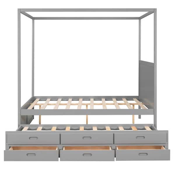 URTR Gray Wooden Frame Queen Size Canopy Bed PlatformBed with Twin Size Trundle and Three Drawers for Kids, Teens, Adults