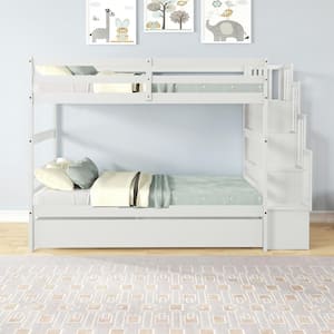 White Twin Over Twin Kids Bunk Bed with Trundle, Staircase and Guardrail, Detachable Wood Stairway Bunk Bed with Shelves