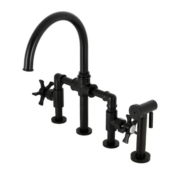 Kingston Brass Hamilton Double-Handle Deck Mount Gooseneck Bridge Kitchen Faucet with Brass Sprayer in Matte Black
