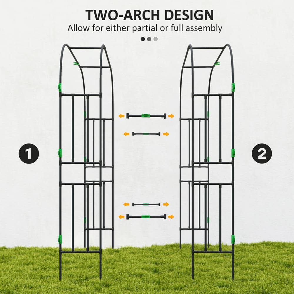 Black Steel Garden Arch Trellis with Climbing Net, 8 FT Tall