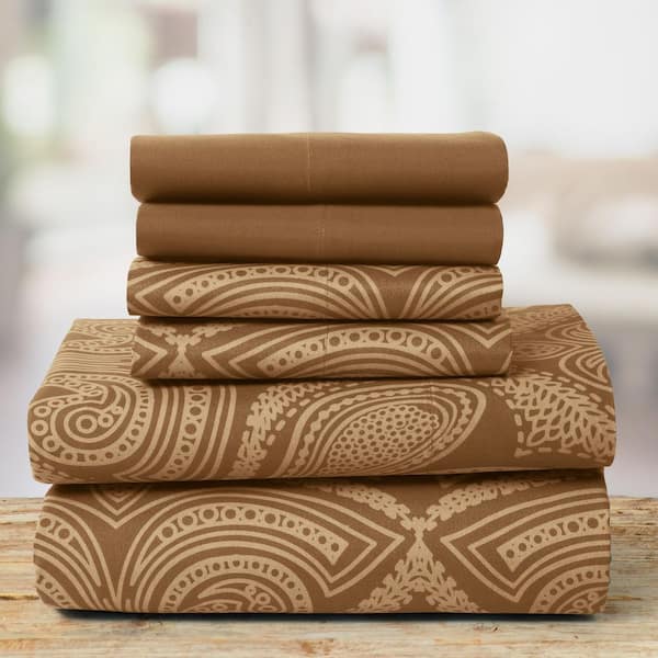 Lux Decor 6-Piece Microfiber Sheet Set Paisley Pattern with Deep Pocket Fitted Sheet & Pillowcases-Queen Brown