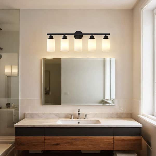 31 in. Wall Light 5-Light Over Mirror, Black Vanity Lights with White Frosted Glass Shade, Wall Sconces for Bathroom