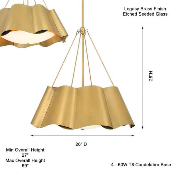 Minka Lavery - Waveform 60-Watt 4-Light Legacy Brass Round Pendant Light with Etched Seeded Glass and Metal Shades, No Bulbs Included