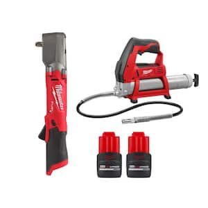 M12 FUEL 12-Volt Cordless 3/8 in. Right Angle Impact Wrench w/M12 Cordless Grease Gun & (2) M12 HO 2.5 Ah Battery Packs