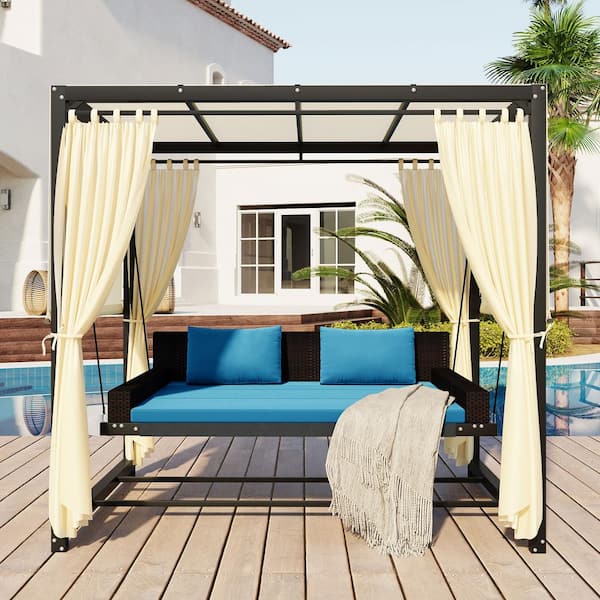 Harper Bright Designs Black Metal Wicker Patio Swing Daybed With Adjule Beige Curtains And Blue Cushions Wyt030aac The