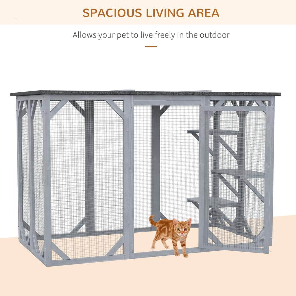 Gray Solid Wood Freestanding Outdoor Cat House with Asphalt Roof