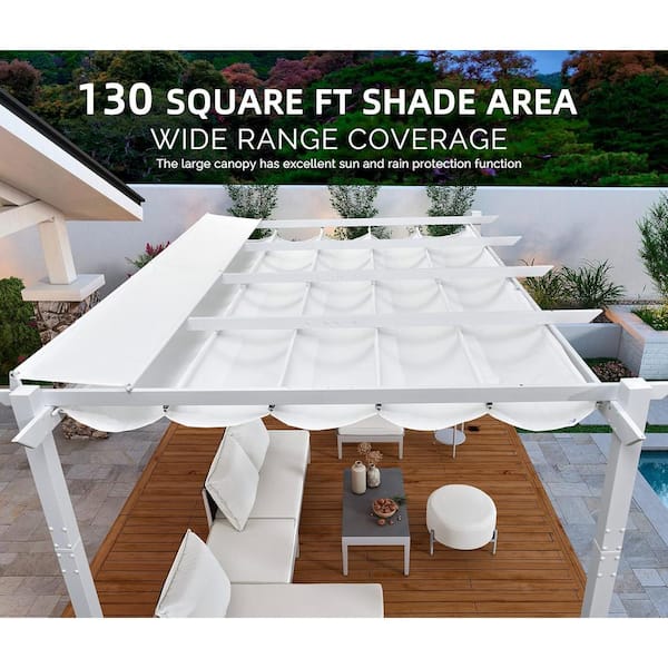 10 ft. x 13 ft. White Aluminum Frame Patio Pergola Gazebo with White Retractable Sunshade Canopy and Extra Top Roof