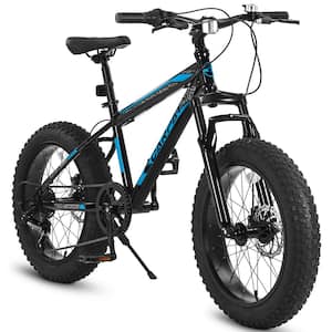 20 in. Blue Fat Tire Bike Full Shimano 7 Speed Mountain Bike, Dual Disc Brake, High-Carbon Steel Frame, Front Suspension