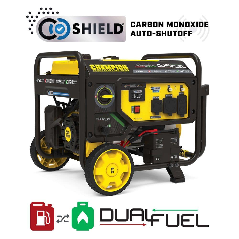 Champion Power Equipment 4750/3800-Watt Recoil Start Dual Fuel Gasoline and Propane (LPG) RV Ready Portable Generator with CO Shield, CARB