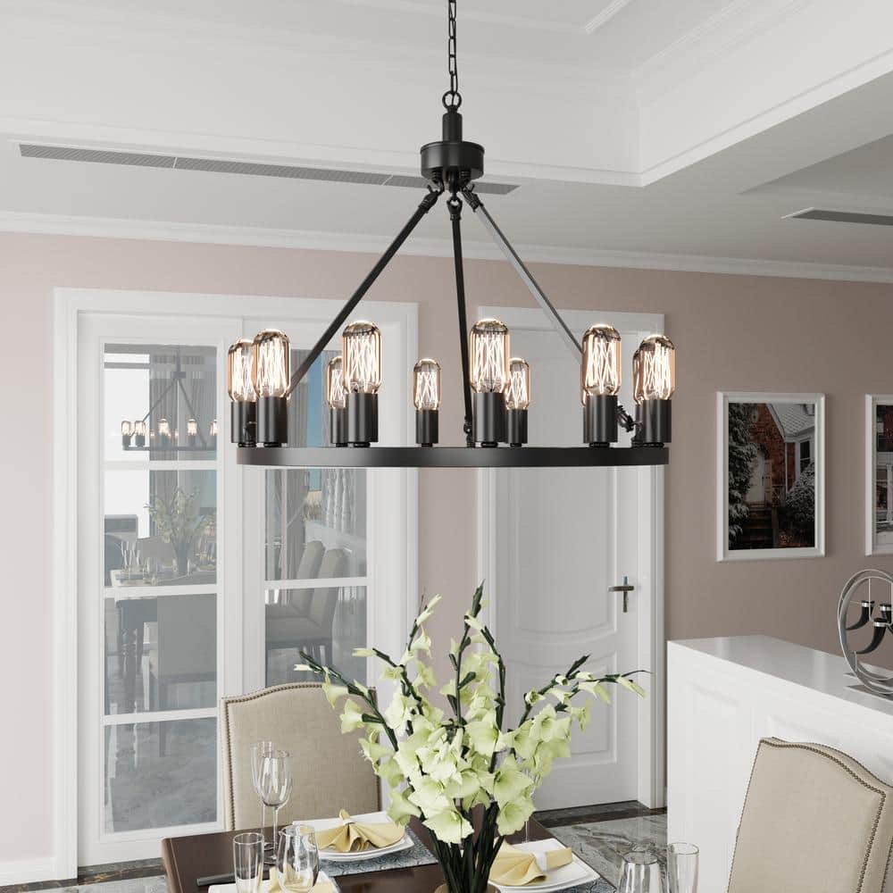 Black Metal 12-Light Wagon Wheel Chandelier with Candle Bulbs
