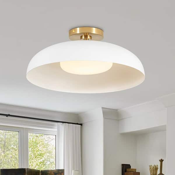 Lumin 1-Light 15.7 in.W Brass and White Integrated LED Semi-Flush Mount Dome Ceiling Light with Opal Glass for Foyer