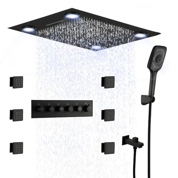 Thermostatic 7-Spray LED Rainfall Ceiling Mount Dual Fixed and Handheld Shower Head with 6-Body Jets in Matte Black