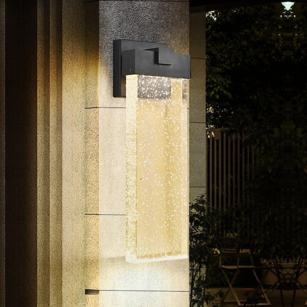1-Pack Black Modern Outdoor Wall Light Fixture, Weatherproof LED Lantern Wall Sconce with Bubble Crystal
