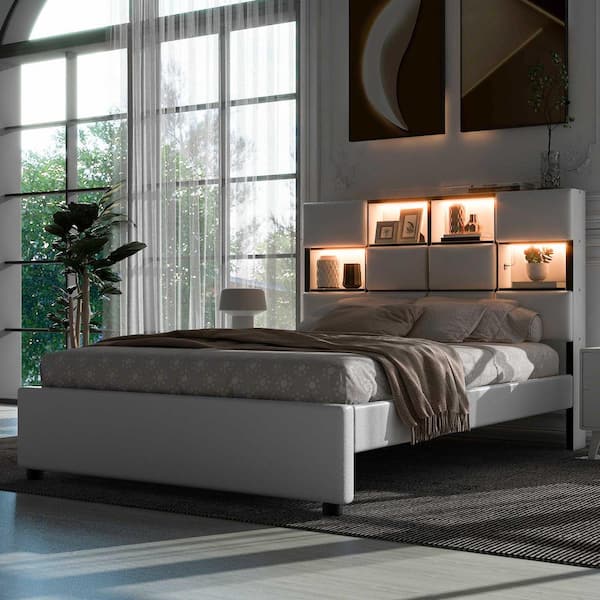 Harper & Bright Designs Beige Wood Frame Full Size Linen Upholstered Platform Bed with Storage Headboard, 2 USB, LED Lighted Compartments