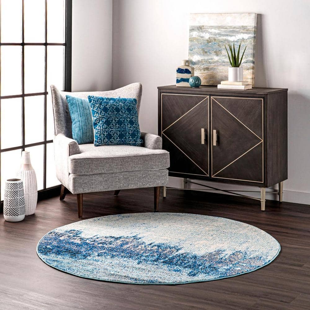 Reversible Abstract Waterfall Round Rug, 5', Blue Synthetic