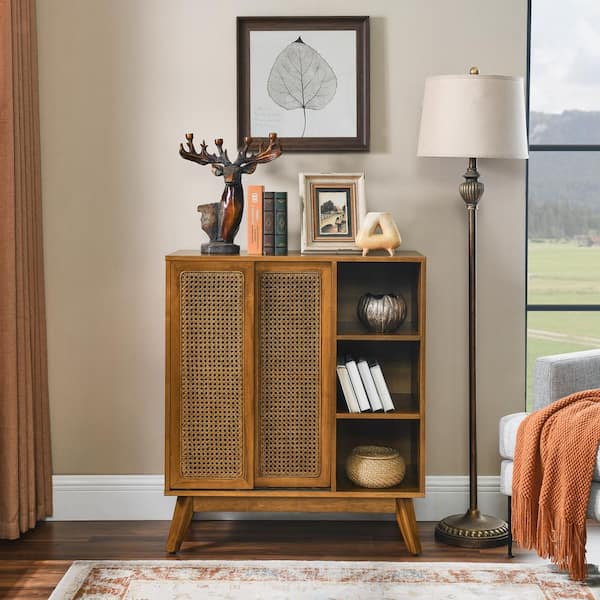 Mid Century Modern Rattan Sideboard Cabinet, Buffet Cabinet for Kitchen, Adjustable Shelf and Solid Wood Feet in Walnut