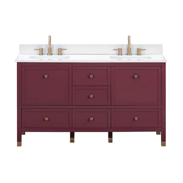 Alana 61 in. Double Sink Burgundy Red Bath Vanity with White Engineered Stone Top