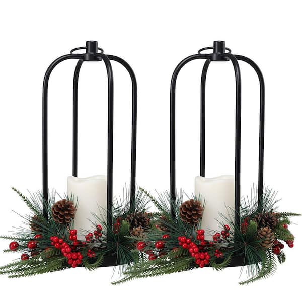 2 Pack Christmas Lanterns with LED Candles, Black Metal Lanterns, Decorative Lantern, Holiday Decor, Christmas Decor