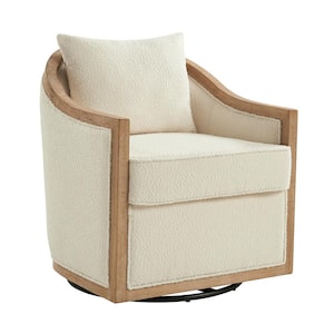 Oscar Jess Farmhouse Solid Wood Edging Swivel Barrel Chair with Toss Pillows-Ivory