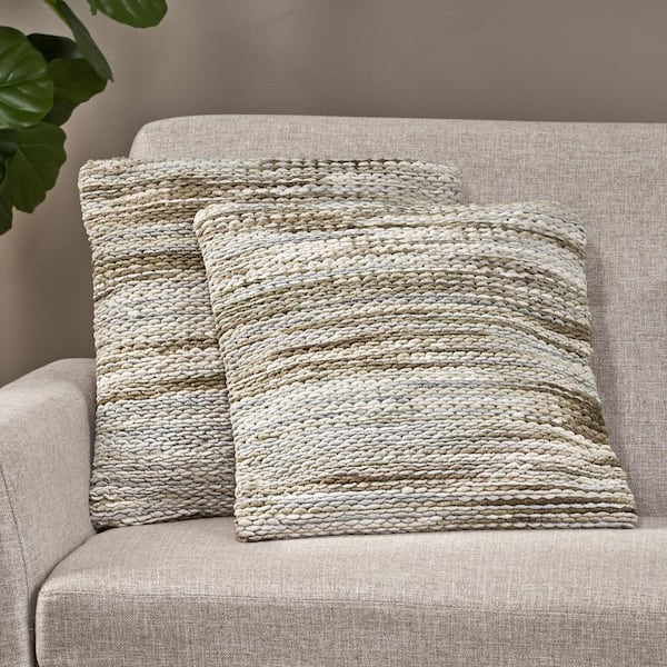 Noble House Brendan Brown, Silver and Natural Striped Polyester 18 in. x 18 in. Throw Pillow (Set of 2)