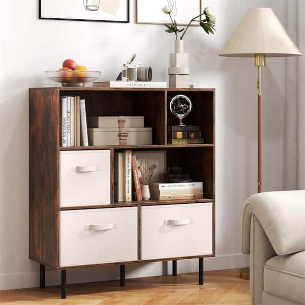 41.5 in. Tall Rustic Brown Engineered Wood 3-Shelf Accent Bookcase with 3-Removable Folding Fabric Drawers Metal Legs