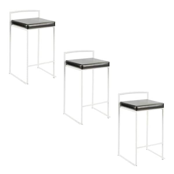Lumisource Fuji 27.75 in. Black Faux Leather and White Metal Stackable Counter Stool (Set of 3)