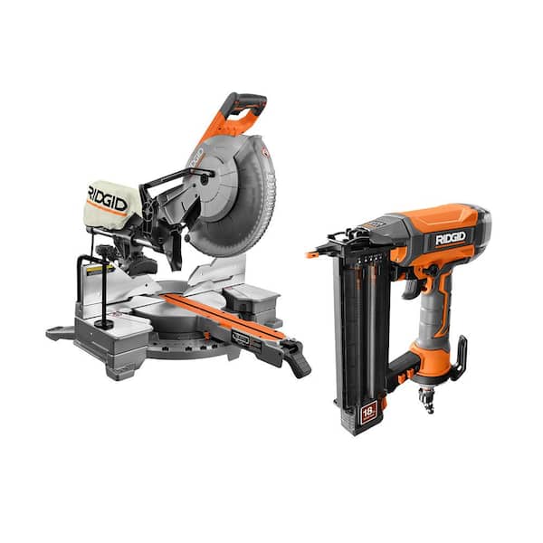 RIDGID 15 Amp Corded 12 in. Dual Bevel Sliding Miter Saw with Pneumatic 18-Gauge 2-1/8 in. Brad Nailer with Tool Bag