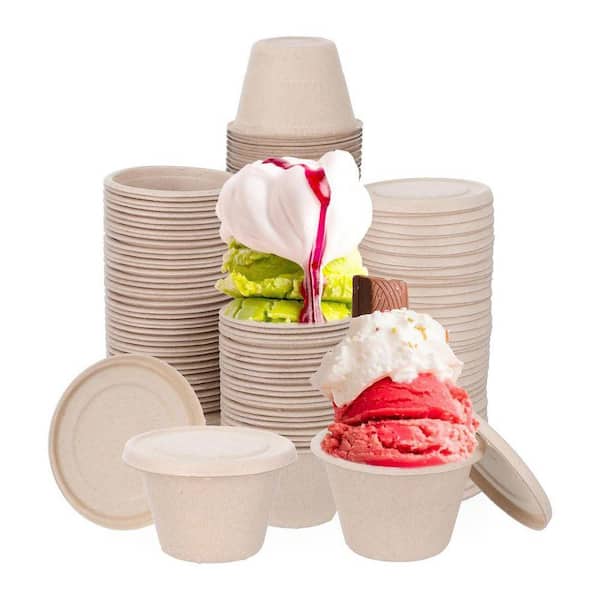 Compostable Natural Fiber Paper Ice Cream Portion Cup Lid for 4 oz Cups Disposable Food Storage 150-Pack