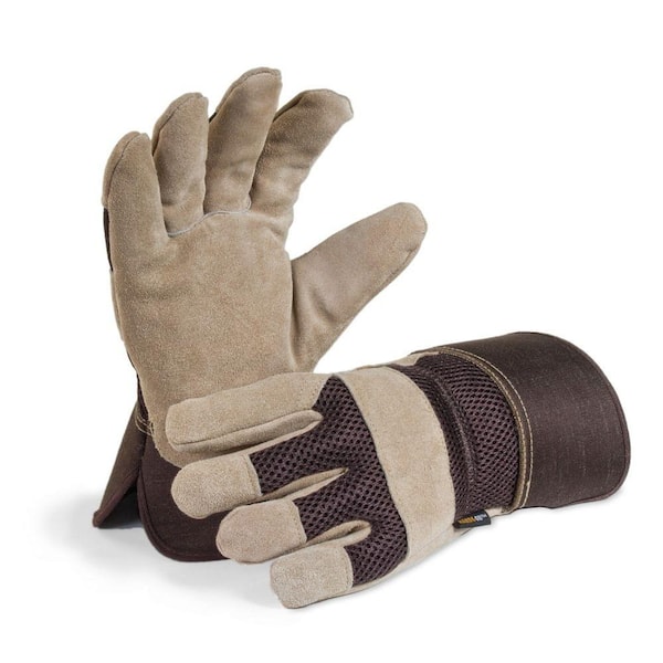 HANDS ON Men's Premium Leather Palm Work Gloves, Breathable Mesh Back, Safety Cuff