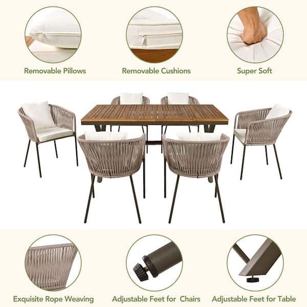 7-Piece Metal Frame Outdoor Dining Set with Acacia Wood Dining Table and Beige Cushions Chairs, for Backyard