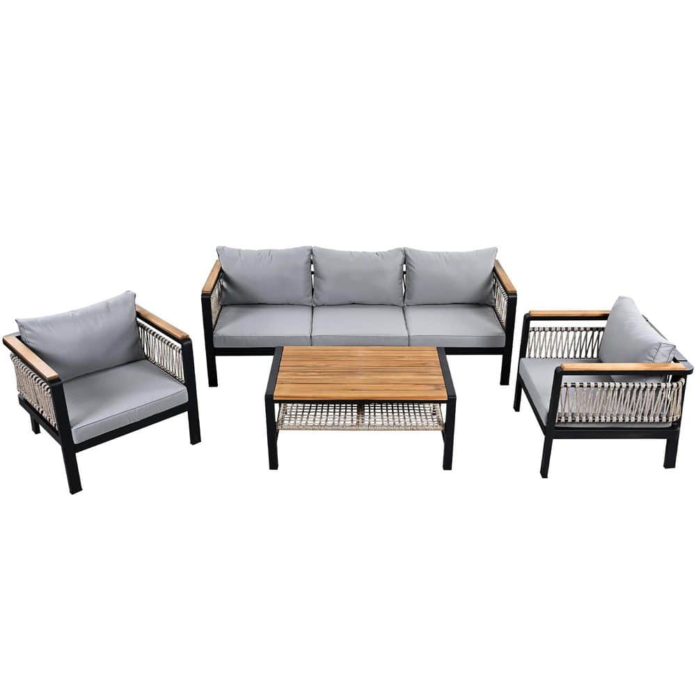 4-Piece Metal Cast Iron Outdoor Sectional Sofa Set with Grey Cushions and C
