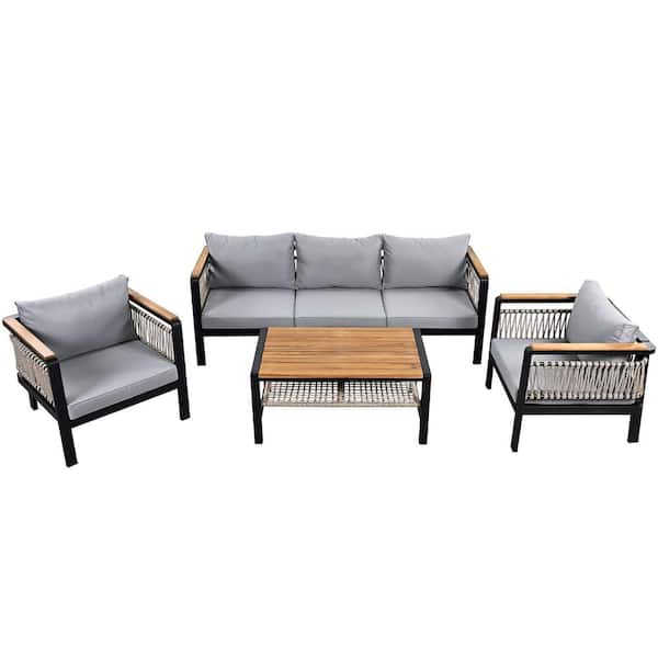 4-Piece Metal Cast Iron Outdoor Sectional Sofa Set with Grey Cushions and Coffee Table