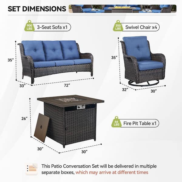 6-Piece Brown Wicker Fire Pit Conversation Set with Olefin Blue Cushions and 4 Swivel Glider Chairs and Couch
